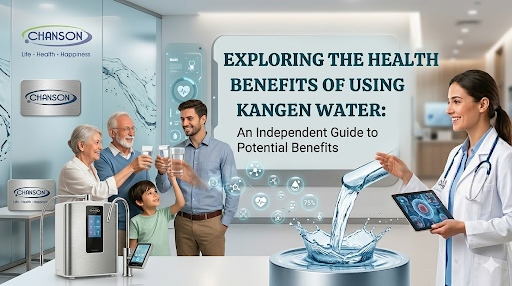 doctor explaining the health benefits of Kangen water to a family beside a Chanson ionized water machine